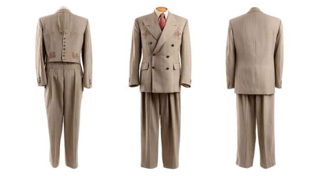 PNG of Elegant vintage men's suit in beige with subtle pinstripes, showcasing sophisticated tailoring and classic design.