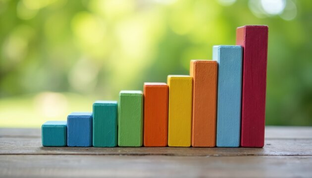 Colorful blocks form an ascending bar graph on a wooden surface. This visually represents business growth, progress, and success in outdoor natural light. Image shows advancement and improvement.