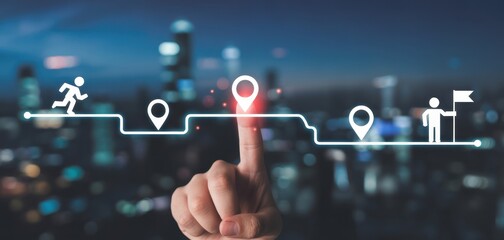 Navigating the Future: A digital touch guides the path towards success, symbolizing strategy, and planning against a backdrop of city lights.