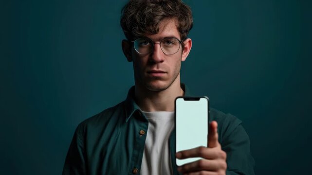 A young man in glasses holding a smartphone, captured in portrait orientation with blurred background for emphasis on the subject.