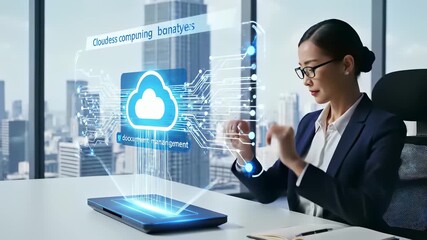 Businesswoman intensely focused on cloud computing interface, surrounded by innovative tools, conveying the concept of global business where technology meets to drive success and growth. - Powered by Adobe