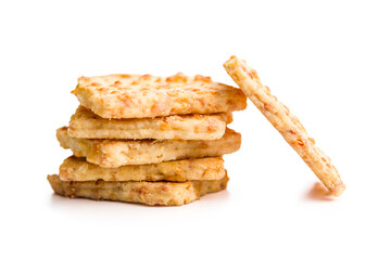 Crunchy salted crackers isolated on white background.