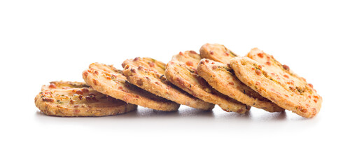 Crunchy salted crackers isolated on white background.
