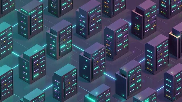 Glowing digital data flowing between server racks in an abstract isometric network visualization