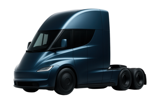 Streamlined electric tractor unit with sleek design and black wheel covers.