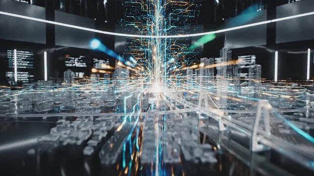 Futuristic digital city projection data visualization control room interface global network smart urban environment concept technology - Powered by Adobe