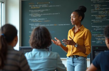 Black female teacher explains lesson to students in computer class. Instructor stands near blackboard. Students listen attentively to her. Class focuses on tech education study programming at college.