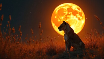 Large wild lioness sits calmly in tall dry grass field. Huge orange full moon glows brightly in dark evening sky. African safari animal watches patiently under warm lunar light at night. Serene