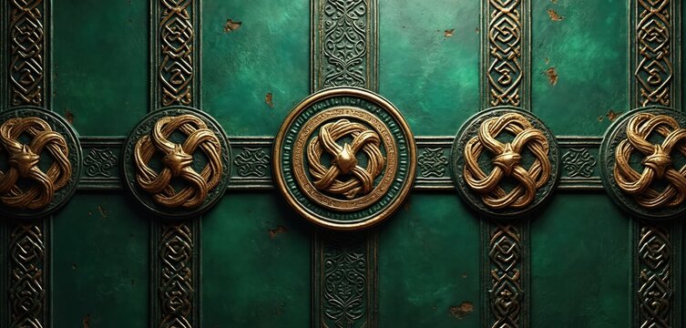 Rich emerald green surface displays gold Celtic knot patterns. Detailed ancient ornament design features many interwoven symbols, round decorative medallions. Old texture background suggests cultural