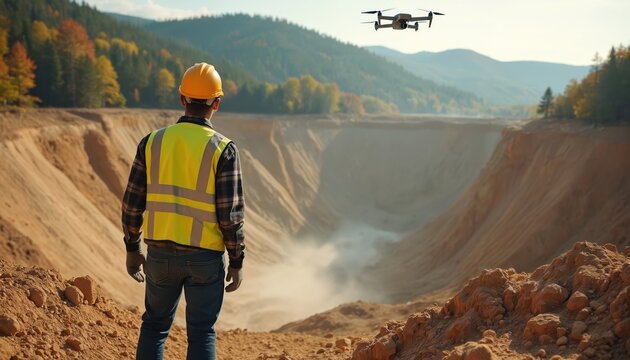 Man in hard hat, safety vest observes drone surveying large open pit mine. Inspects sand quarry site with modern tech. Dust clouds rise from earth excavation. Mountains, autumn forests in background,