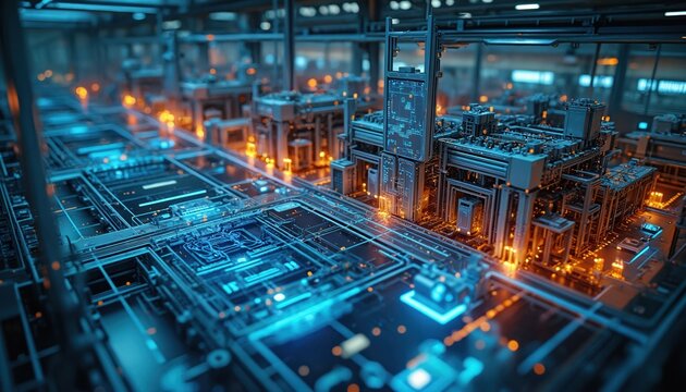 Futuristic factory interior with glowing blue, orange lights. Complex machinery, circuits suggest advanced automation, data analysis. Digital twin technology enabling smart industrial operations.