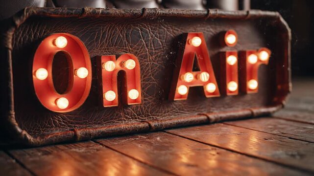 Vintage "On Air" Neon Sign with Warm Marquee Lights on Wooden Surface