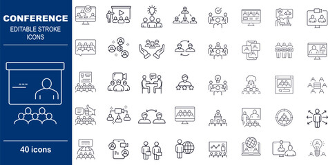 Conference and Meeting Presentation Vector Icons. Set of 40 editable stroke symbols for events, networking, and public speaking. Includes audience, presentation screen, and microphone