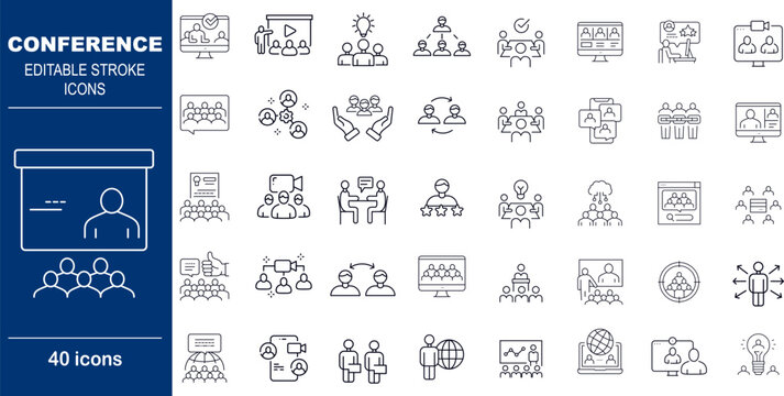 Conference and Meeting Presentation Vector Icons. Set of 40 editable stroke symbols for events, networking, and public speaking. Includes audience, presentation screen, and microphone - Powered by Adobe