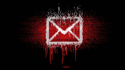 Email Icon With Glitch Pixels and Red Alert Signals, Representing Dangers of Malicious Attachments Online