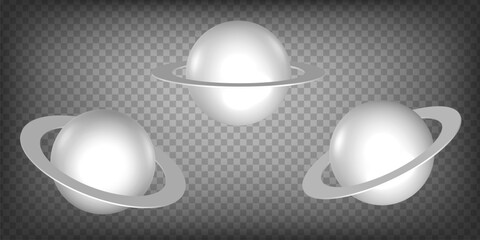 Blank sphere in the ring collection 3d symbols on transparent background. Saturn sign 3D icon illustration with different views and angles. Graphic elements for your design. EPS 10