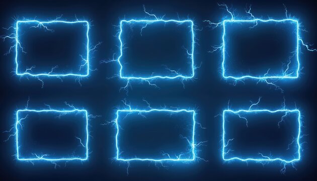 Six glowing blue electric frames pulse with lightning on dark background. Square, rectangle borders crackle with energy, offering futuristic tech interface digital network design element for creative