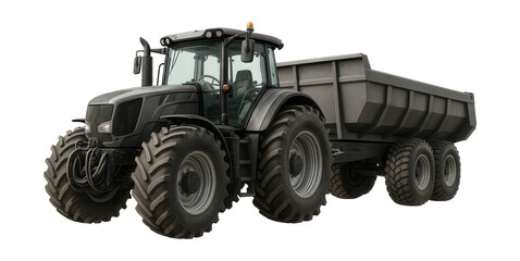 Obraz premium Rugged tractor with a sturdy dump trailer and exposed hydraulic hoses.