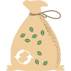 A light brown burlap sack filled with green seeds and a recycling symbol on a transparent background representing eco friendly packaging and sustainable agriculture