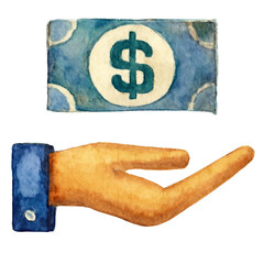 Hand and Dollar Bill Watercolor Illustration