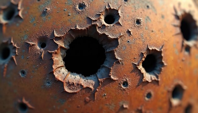 Close up shows bullet holes in rusty metal surface. Concept of violence, conflict aftermath. Holes are created from weapon impact. Focus is on the damage. Grunge backdrop for military and industrial