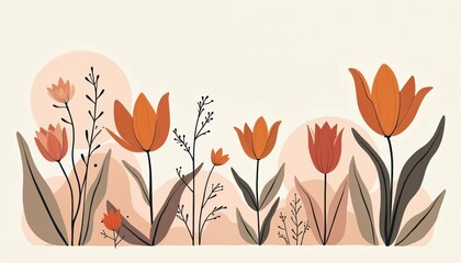 Tulips and leaves graphic illustration on white background. Orange and red flowers with green and brown leaves. Simple and modern floral design for wallpaper or decoration.