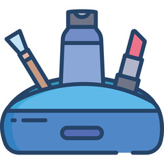Blue makeup bag open with cosmetic brushes and lipstick inside against a transparent background illustration
