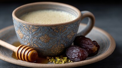 culinary presentation, a traditional asida dish adorned with honey dates and pistachios, exuding warmth and tradition with its intricate styling