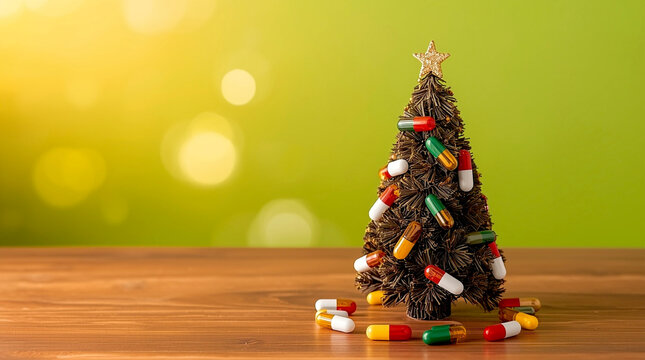 Creative miniature Christmas tree decorated with colorful medicine capsules standing on wooden table against bright bokeh background, symbolizing healthcare, pharmacy and holiday concept