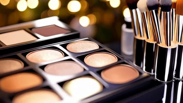 Close-up of diverse cosmetic palettes with various colors for makeup application and enhancement, against a blurred, bokeh-lit background.