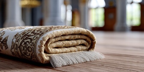 islamic home decor, a neatly folded luxurious prayer rug with a unique mihrab design on a wooden floor in a serene mosque interior