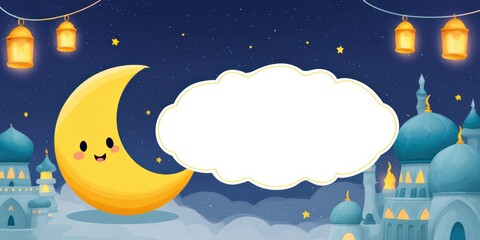 whimsical postcards, a fun postcard with a lively, cartoonish design showcasing a cheerful moon, stars, whimsical mosque, and bold, joyful text bubble