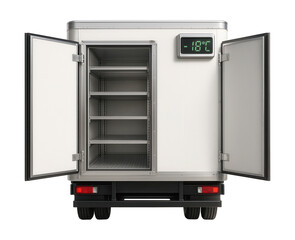 Refrigerated trailer featuring modular shelving and an exterior temperature display.