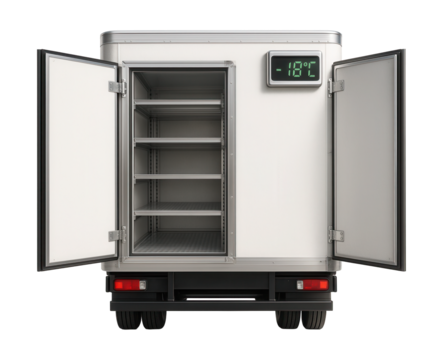 Refrigerated trailer featuring modular shelving and an exterior temperature display.