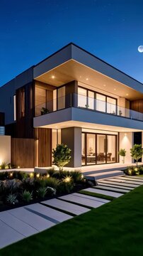 Modern two-story house with flat roof, large windows, balcony and manicured lawn pathway at night under moonlit sky.