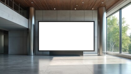Large white digital billboard screen sits in modern building lobby. Sunlight streams through large windows illuminating concrete floor, shiny columns, wood ceiling panels. Blank display awaits