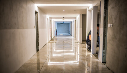 Modern building hallway under construction with a worker, showcasing commitment to progress and the exciting transformation of interior design