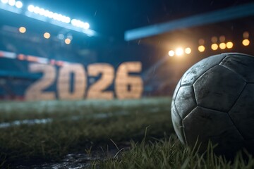 Night Soccer Ball On Grassy Field With 2026 Lights In The Background Stadium

