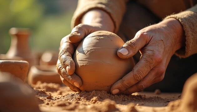 Hands shape lump of wet clay into round pot on table. Outdoor pottery workshop setting with sunlit background. Muddy hands work material creating vessel. - Powered by Adobe
