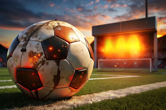 Weathered Soccer Ball On Grass Field With Digital 2026 Scoreboard Under Bright Stadium Lights

