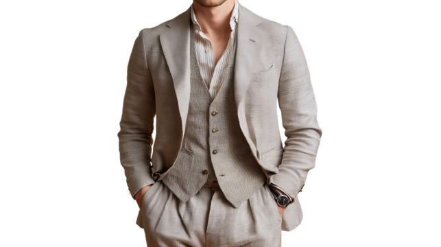 PNG of Stylish Caucasian male in a tailored light gray suit and vest, exuding elegance and confidence. - Powered by Adobe