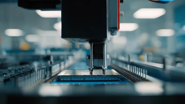 Close medium shot of automated machinery handling gallium nitride substrates for highfrequency RF component production in a sterile industrial setting.