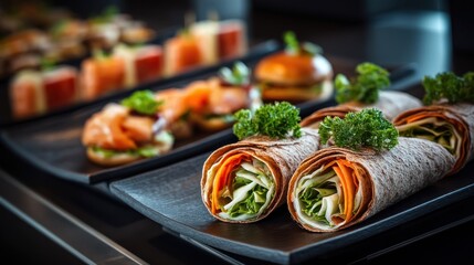 Appetizing wraps and assorted finger foods displayed on dark plates, showcasing a selection of delicious and colorful bites.