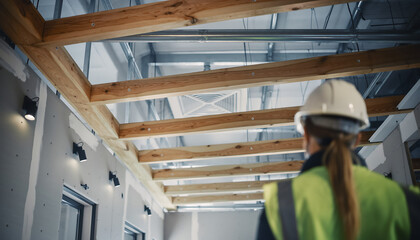 Female engineer in safety gear inspecting modern office construction, ensuring quality and compliance in a bright, contemporary commercial space