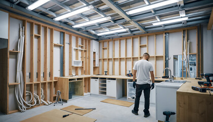 Carpenter thoughtfully planning kitchen renovation in spacious room, envisioning modern design and efficient layout, reflecting craftsmanship and project management
