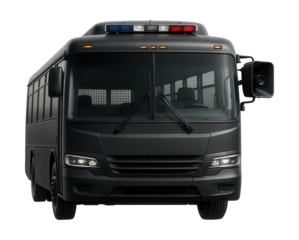 Mobile police bus featuring an interior partition and external speaker system.