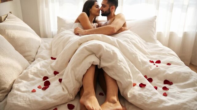 A couple cuddling under white sheets with rose petals in a romantic intimate morning scene.