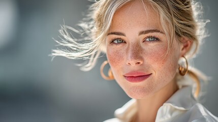 Blonde woman smiles gently, eyes look forward, wind sweeps hair, freckles visible, gold earrings.