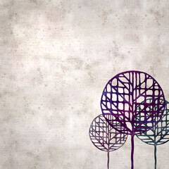 textured stylish old paper background, square,  with round stylized tree illustration