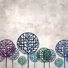 textured stylish old paper background, square,  with round stylized tree illustration